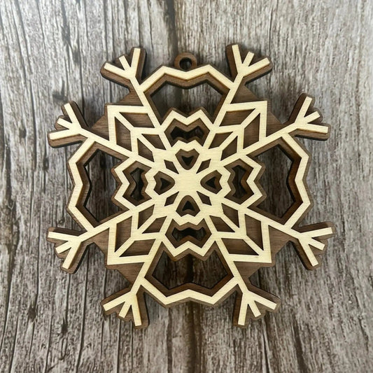 Flocon de neige en bois – Décoration de Noël artisanale en noyer et peuplier
