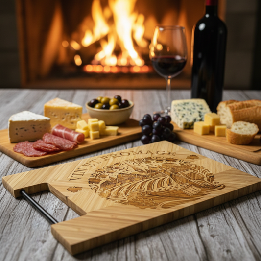 Planche à découper en bambou gravée idéale pour un apéro dînatoire convivial avec vin et fromage
