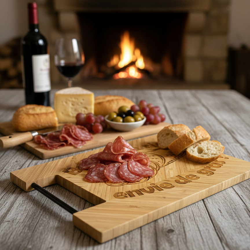 Planche à découper gravée au laser – cadeau apéro artisanal – Roussillon Créations Tautavel (66)