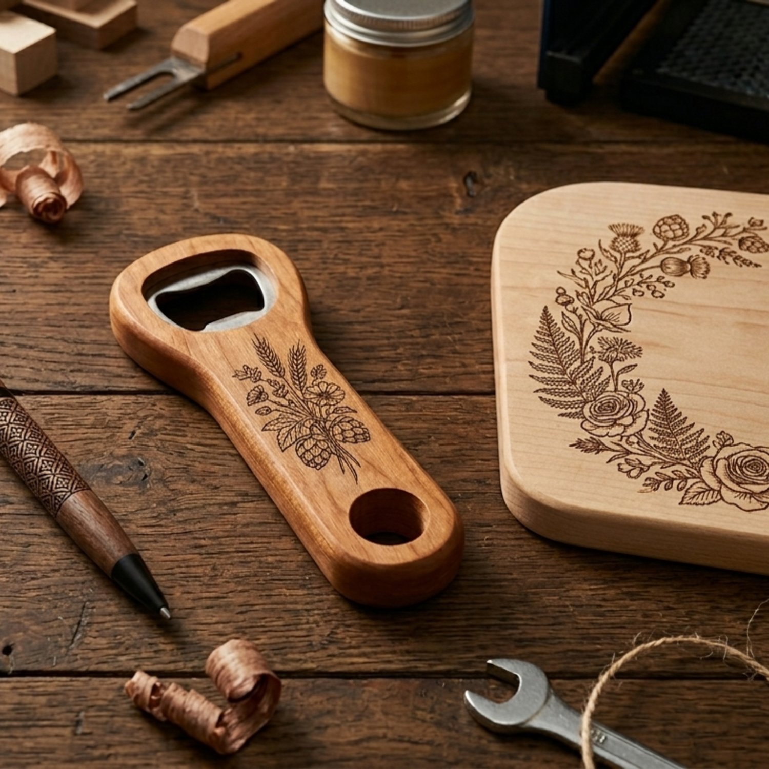 Nouveaux produits gravés au laser Roussillon Créations – décapsuleur stylo et planche bois – atelier artisanal Tautavel (66)