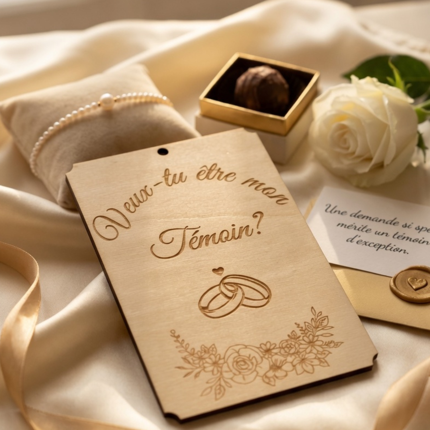 Carte en bois gravée "Veux-tu être mon Témoin ?" avec alliances et fleurs – annonce de mariage chic et artisanale fabriquée à Tautavel (66)