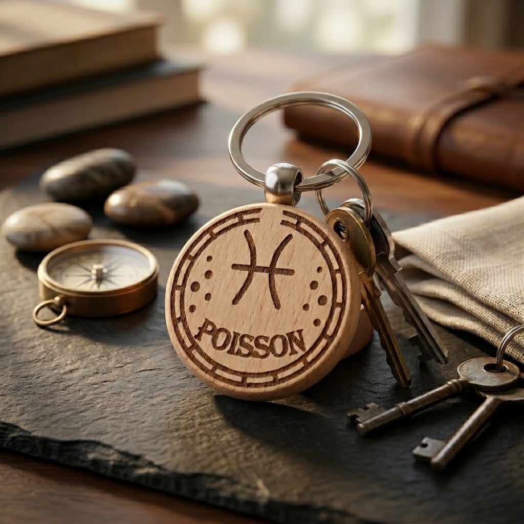 Porte-clés en bois gravé au laser Signe Astrologique Poisson – idée cadeau zodiaque artisanale fabriquée à Tautavel (66)