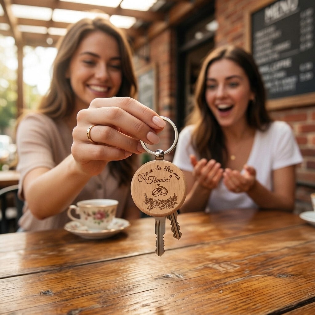 Porte-clés en bois gravé "Veux-tu être ma Témoin ?" – idée cadeau demande témoin originale et artisanale fabriquée à Tautavel (66)