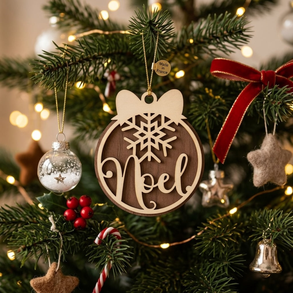 Boule de Noël en bois bi-ton gravée au laser avec flocon et texte "Noël" – décoration de sapin artisanale fabriquée à Tautavel (66)