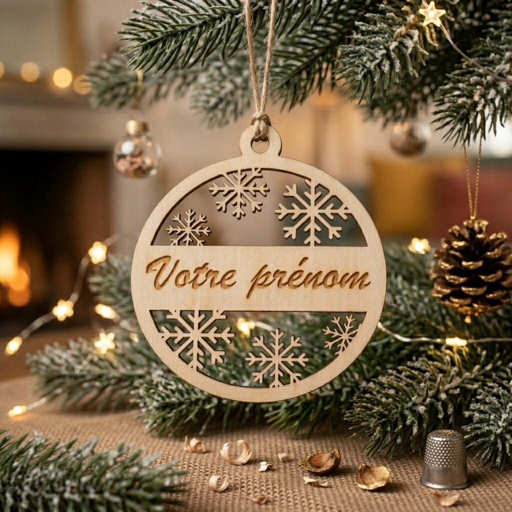 Boule de Noël personnalisée en bois avec prénom gravé et flocons découpés – décoration de sapin artisanale fabriquée à Tautavel (66)