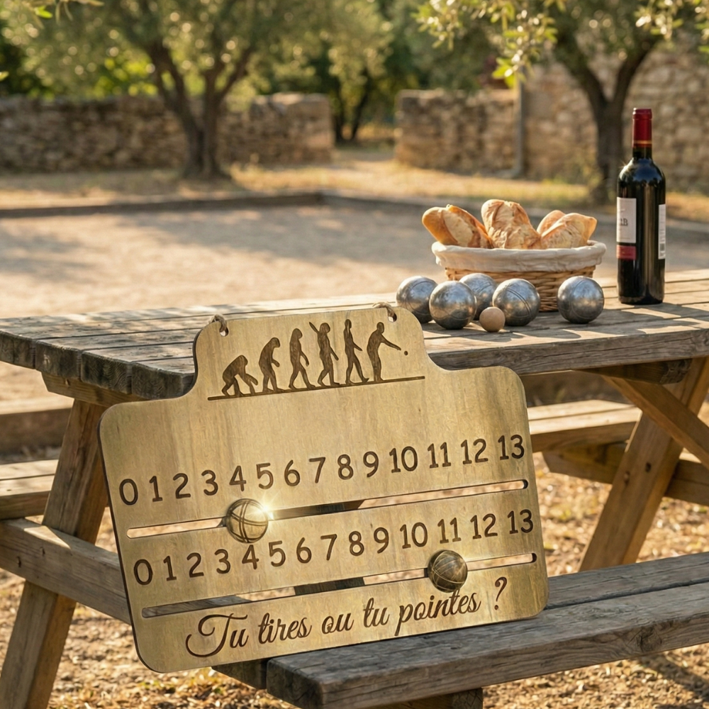 Compteur de score pétanque en bois gravé au laser – atelier artisanal Roussillon Créations à Tautavel (66)