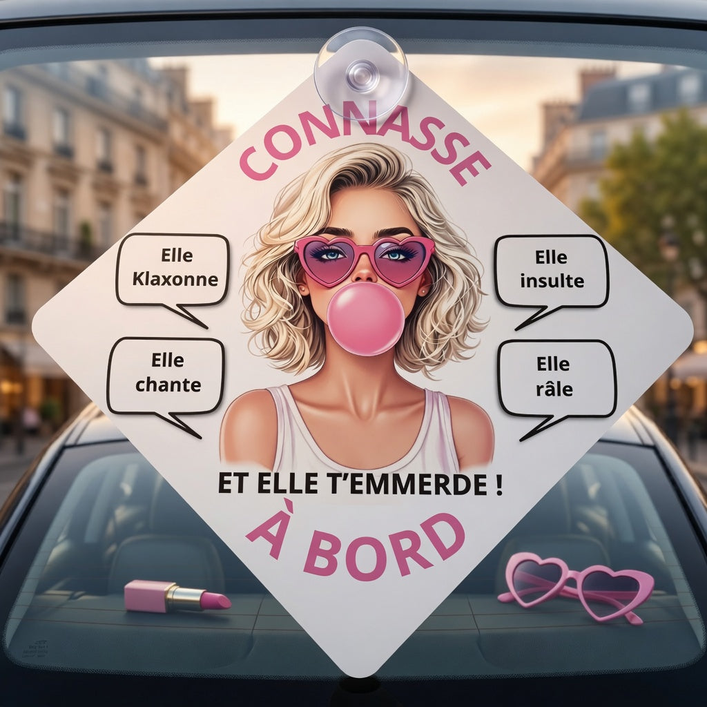 Panneau de voiture ventouse "Connasse à bord" personnalisé – accessoire auto humoristique et décalé, fabriqué artisanalement à Tautavel (66)