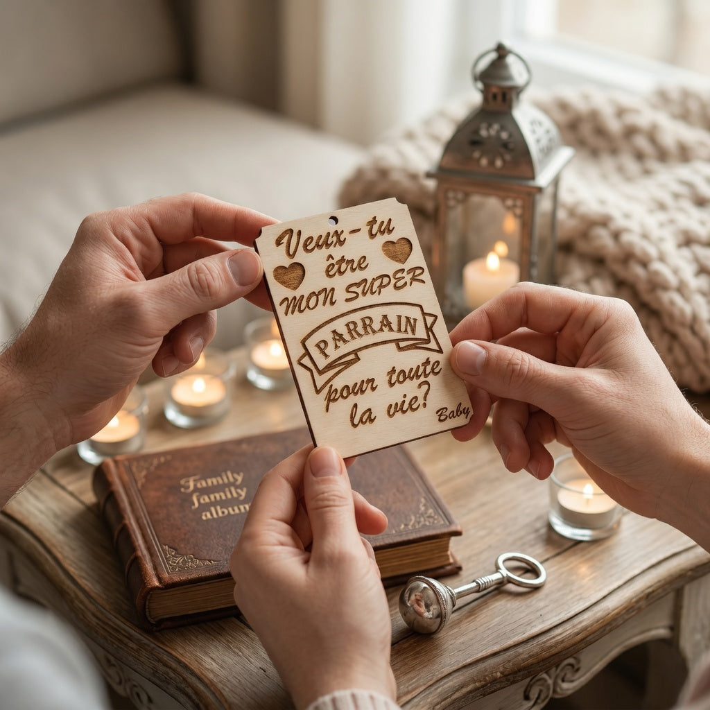 Carte en bois gravée "Veux-tu être mon super Parrain pour toute la vie ?" – idée demande parrain originale et artisanale fabriquée à Tautavel (66)
