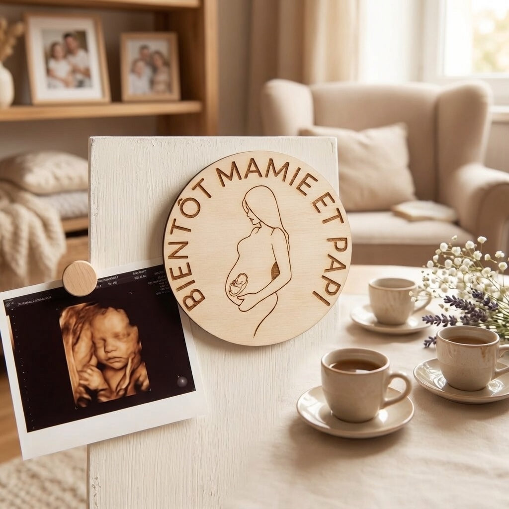 Magnet en bois gravé "Bientôt Mamie et Papi" – annonce de grossesse originale et artisanale fabriquée à Tautavel (66)