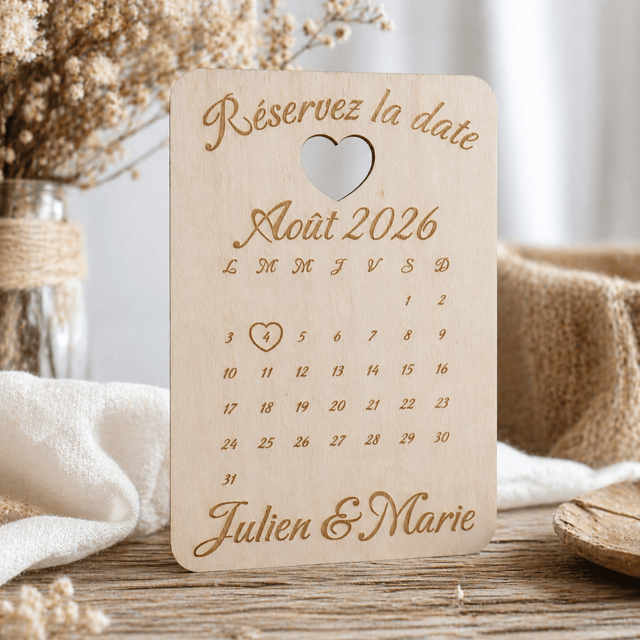 Save the Date en Bois Personnalisé – Calendrier Gravé Laser & Cœur Découpé Mariage Personnalisable Roussillon-Creations-Tautavel-66