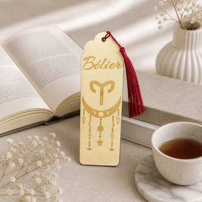 Marque-page astrologique Bélier en bois gravé – Signe du zodiaque