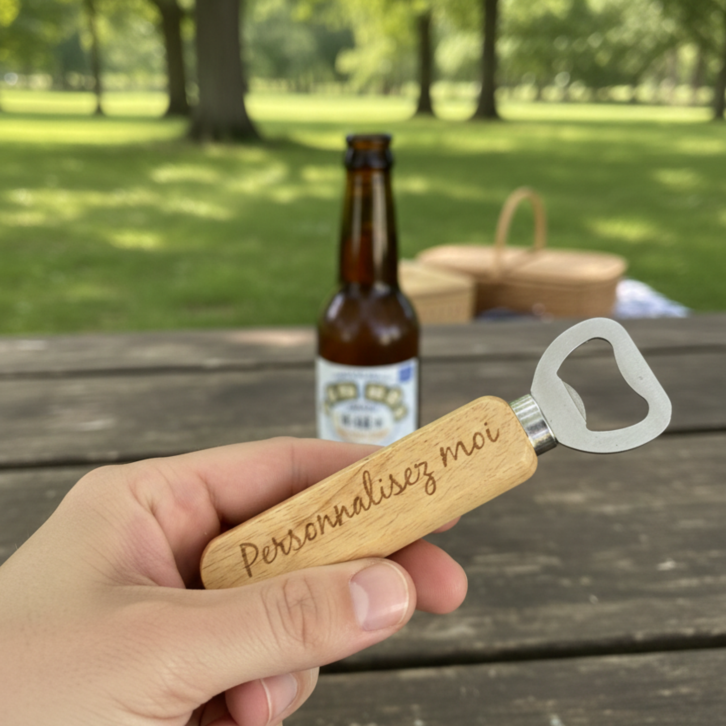 Main tenant un décapsuleur en bois gravé 'Personnalisez moi' sur une table de pique-nique en bois, avec une bouteille de bière et un panier en arrière-plan dans un parc ensoleillé.