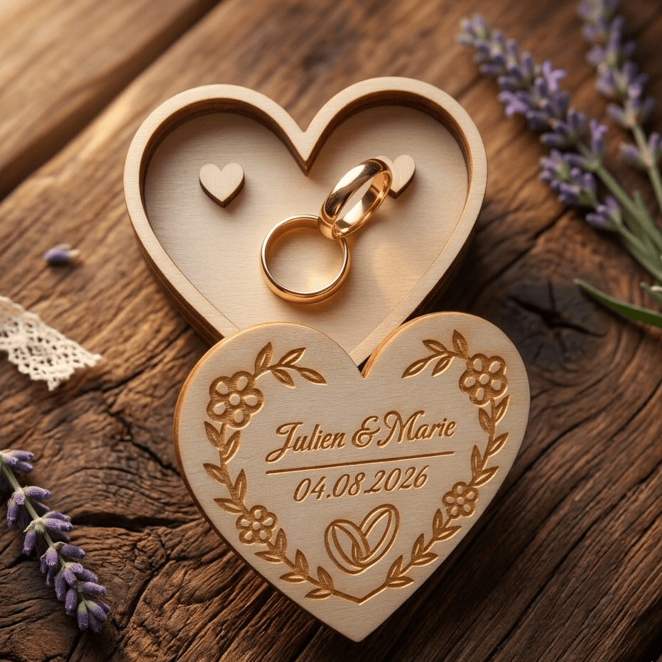Boite à Alliances Cœur en Bois – Personnalisée Prénoms & Date Mariage Personnalisable Roussillon-Creations-Tautavel-66