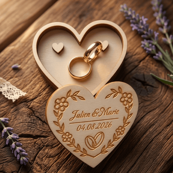 Boîte à alliances mariage personnalisée en bois gravé – souvenir de cérémonie – Roussillon Créations Tautavel (66)