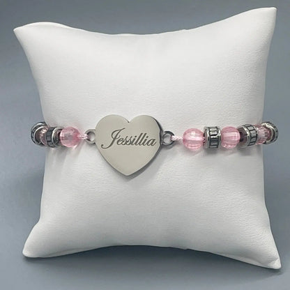 Bracelet Cœur Personnalisé en Perles Roses Clair - Gravure Laser ROUSSILLON CRÉATIONS