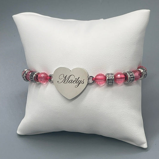 Bracelet Cœur Personnalisé en Perles Roses - Gravure Laser