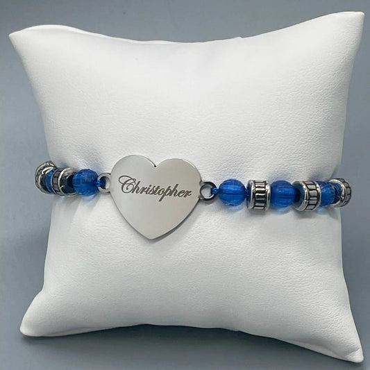 Bracelet Cœur Personnalisé en Perles Bleus - Gravure Laser ROUSSILLON CRÉATIONS