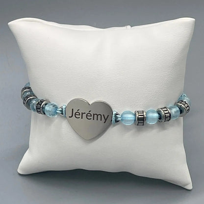 Bracelet Cœur Personnalisé en Perles Bleus Ciel - Gravure Laser ROUSSILLON CRÉATIONS
