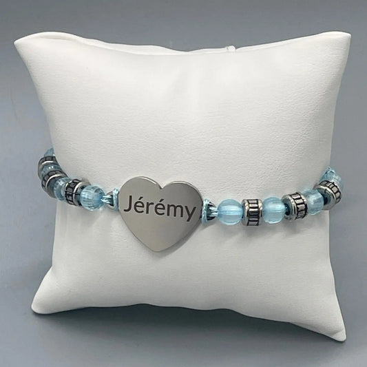 Bracelet Cœur Personnalisé en Perles Bleus Ciel - Gravure Laser ROUSSILLON CRÉATIONS