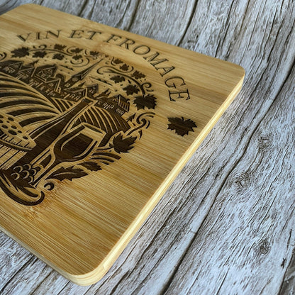 Planche à Découper en Bambou "Vin et Fromage" - Gravure Laser