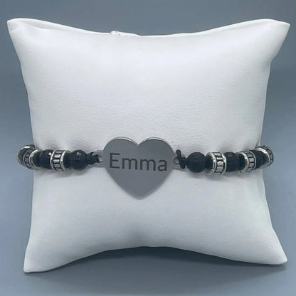 Bracelet Cœur Personnalisé en Perles Noires - Gravure Laser ROUSSILLON CRÉATIONS
