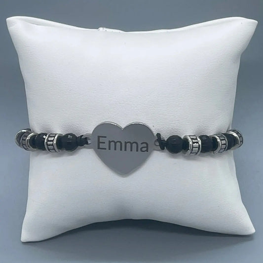Bracelet Cœur Personnalisé en Perles Noires - Gravure Laser ROUSSILLON CRÉATIONS