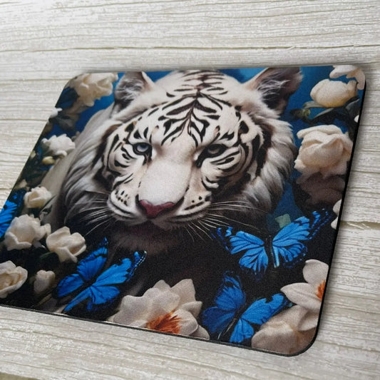 Tapis de souris design Tigre Blanc & Papillons Bleus ROUSSILLON CRÉATIONS