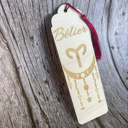 Marque-page astrologique Bélier en bois gravé – Signe du zodiaque ♈ ROUSSILLON CRÉATIONS