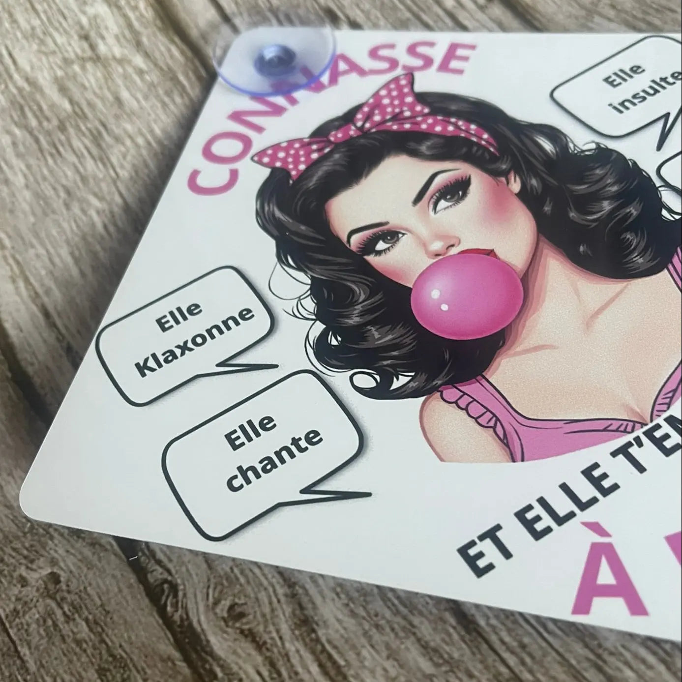 Plaque Voiture Humour – “Connasse à Bord” – Illustration Pin-Up Brune – Pancarte Rigolote 14x14 cm avec Ventouse ROUSSILLON CRÉATIONS