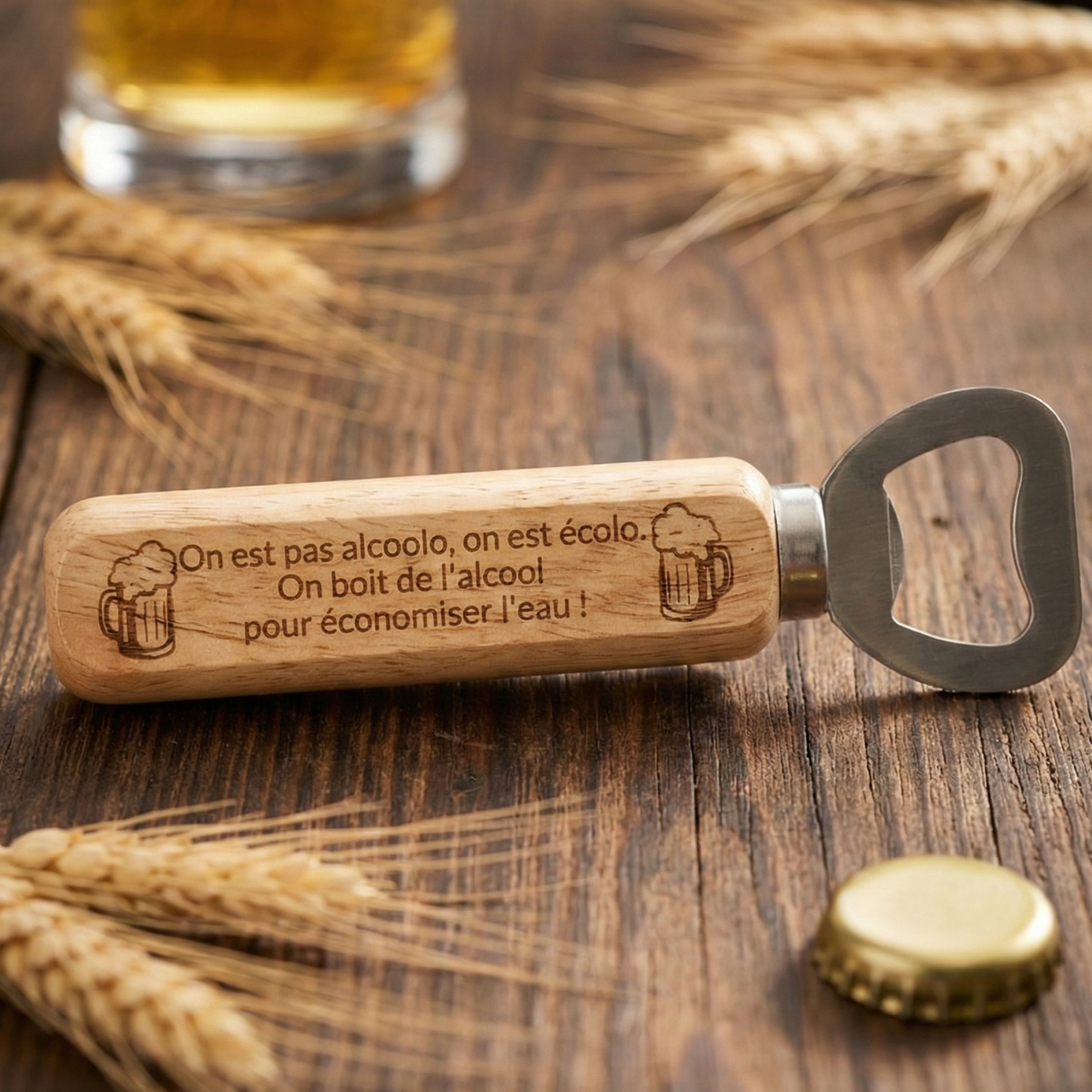 Décapsuleur en bois gravé citation drôle alcoolo écolo ambiance apéro.