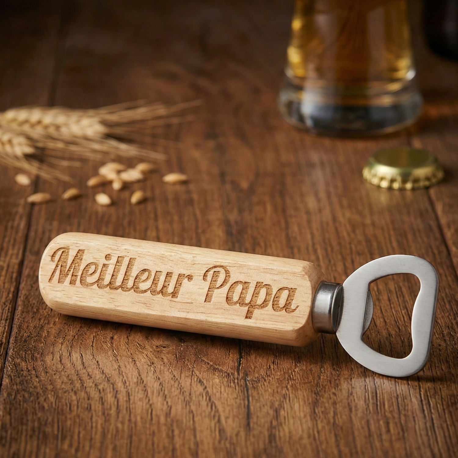 Décapsuleur en bois gravé Meilleur Papa posé sur une table pour l'apéro - Idée cadeau fête des pères.