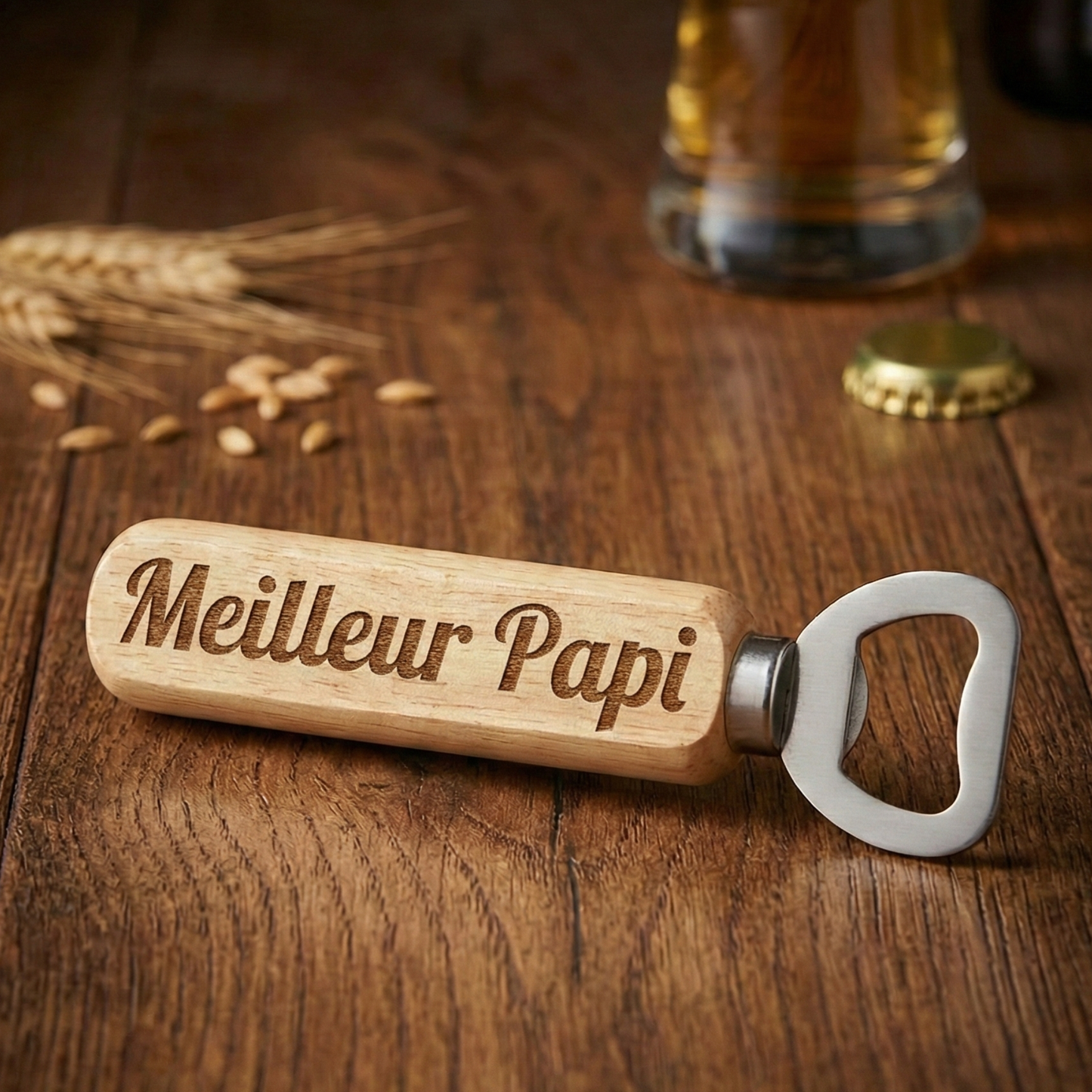 Décapsuleur en bois gravé Meilleur Papi ambiance apéro - Idée cadeau fête des grands-pères.