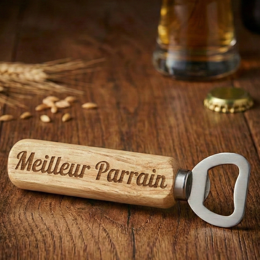 Décapsuleur en bois gravé Meilleur Parrain ambiance apéro - Idée cadeau demande parrain.
