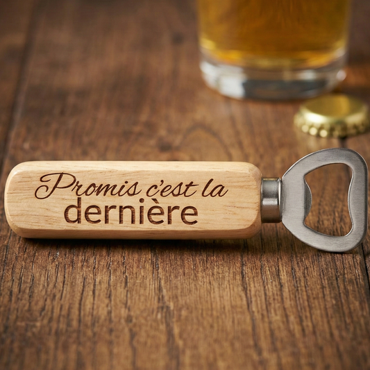 Décapsuleur en bois gravé citation humoristique Promis c'est la dernière ambiance soirée.