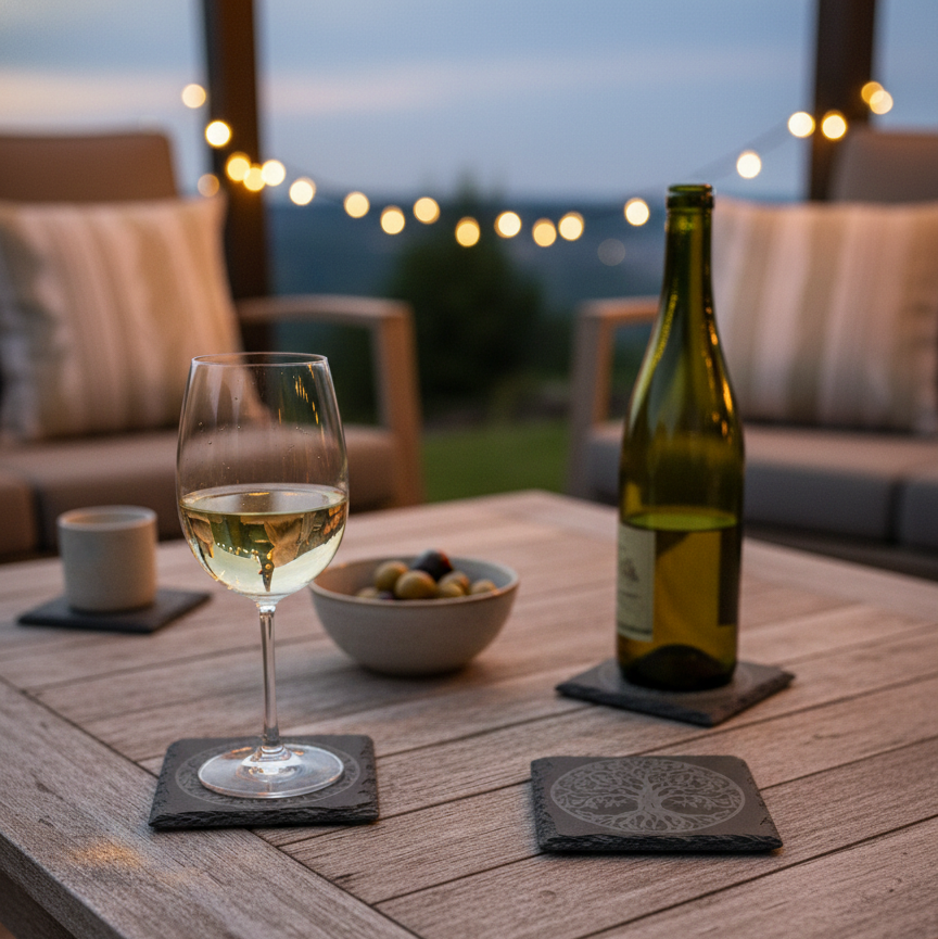 Dessous de verre en ardoise gravée Arbre de Vie avec verre de vin ambiance apéro