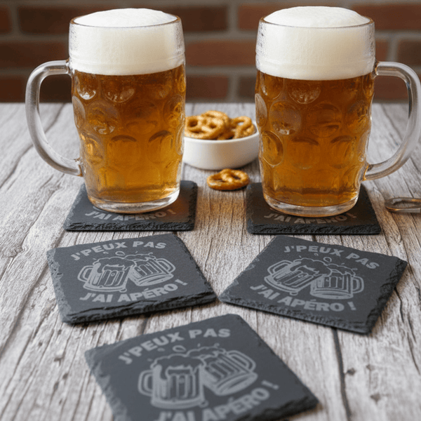 Coffret dessous de verre ardoise gravés humour apéro – cadeau fête des pères – Roussillon Créations Tautavel (66)