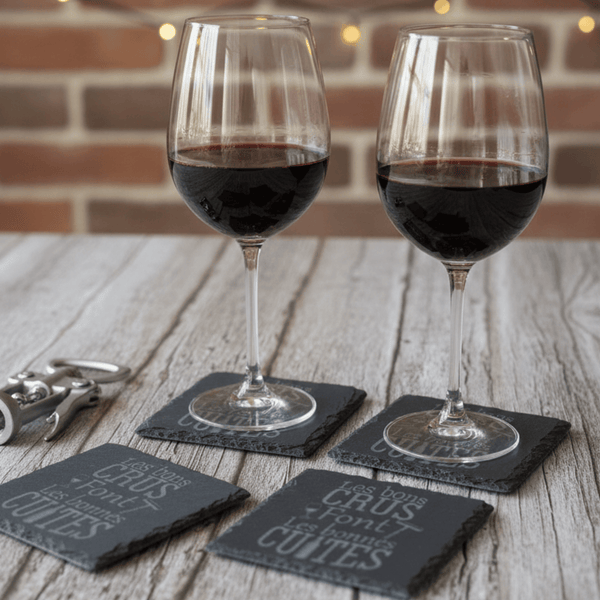 Dessous de verre ardoise gravés humour – souvenir catalan apéro – Roussillon Créations Tautavel (66)