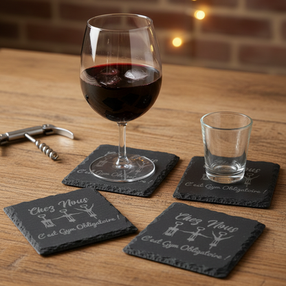 Dessous de verre ardoise humour Gym de l'Apéro avec verre de vin et ambiance conviviale