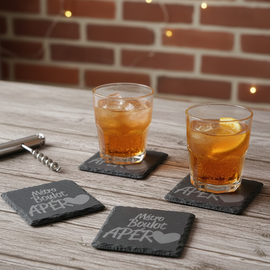 Dessous de verre ardoise humour Métro Boulot Apéro avec verres cocktail ambiance afterwork
