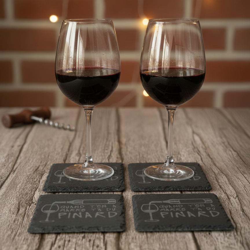Dessous de verre ardoise humour Quand y'en a marre y'a du pinard avec verres de vin rouge