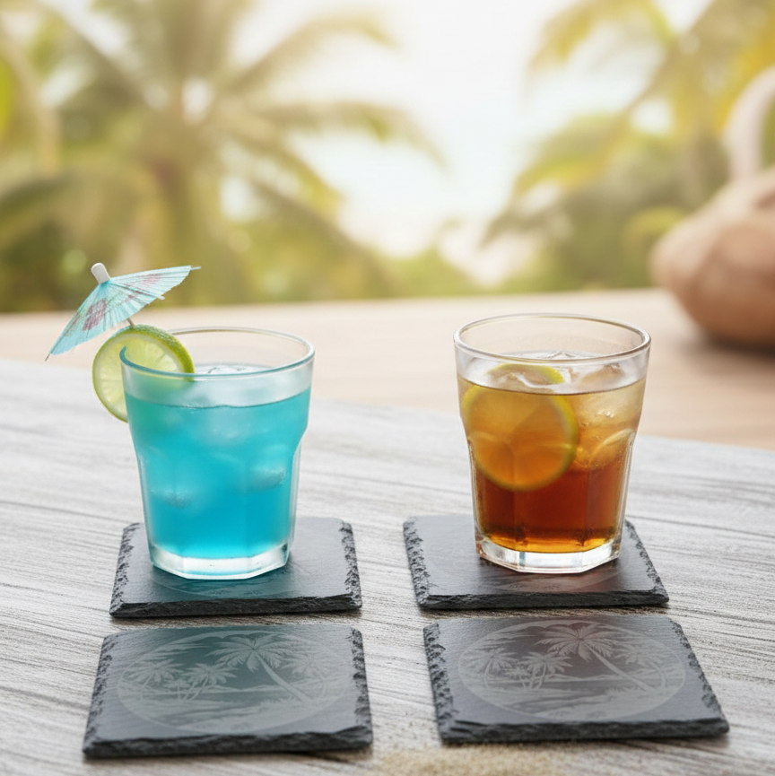 Dessous de verre en ardoise gravée motif Palmiers avec cocktails ambiance été