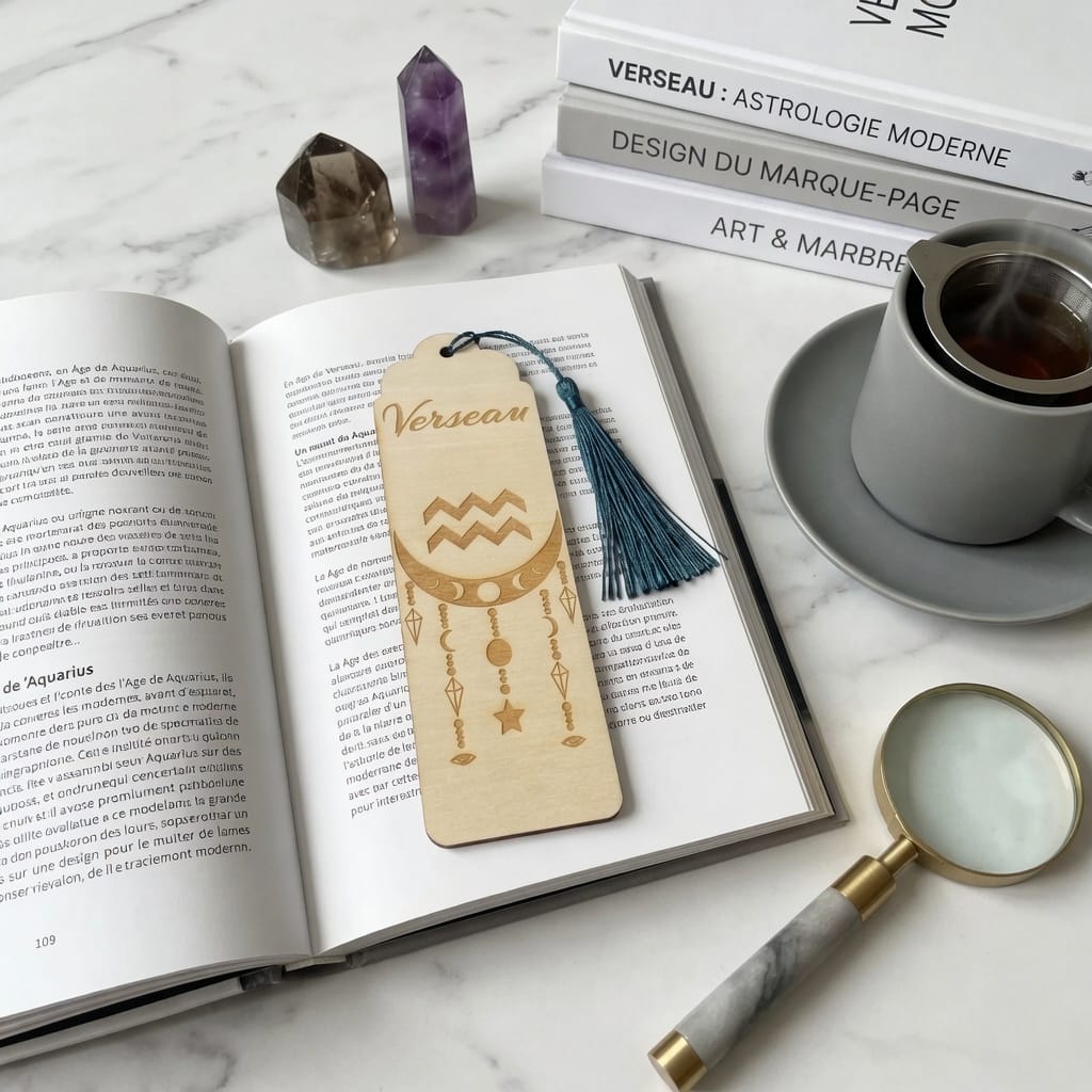 Marque-page astrologique Verseau en bois gravé – Signe du zodiaque
