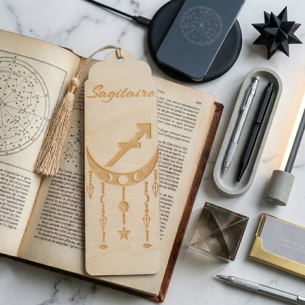 Marque-page astrologique Sagittaire en bois gravé – Signe du zodiaque