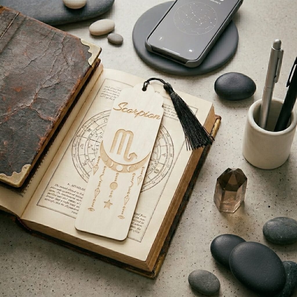 Marque-page astrologique Scorpion en bois gravé – Signe du zodiaque