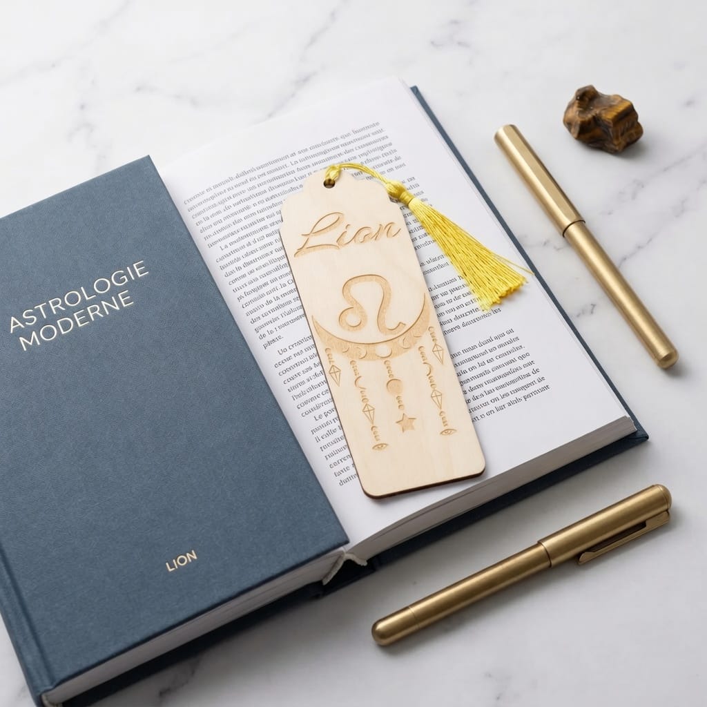 Marque-page astrologique Lion en bois gravé – Signe du zodiaque