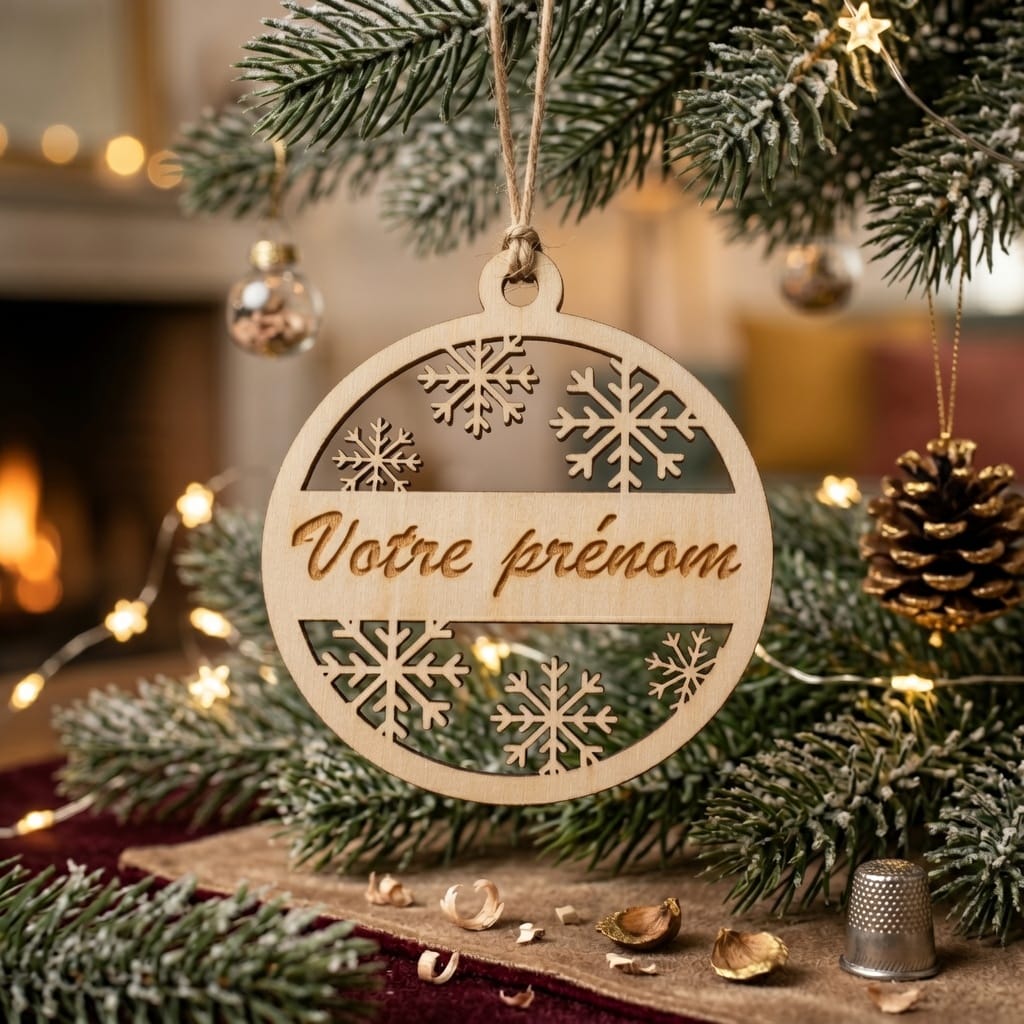 Boule de Noël personnalisée en bois – Décoration gravée avec prénom
