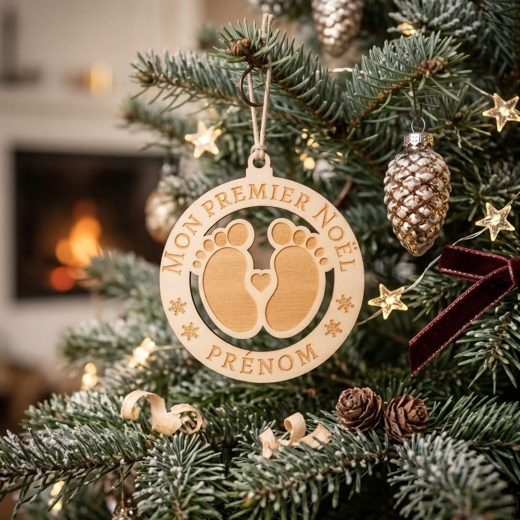 Boule de Noël personnalisable – Mon Premier Noël en bois gravé