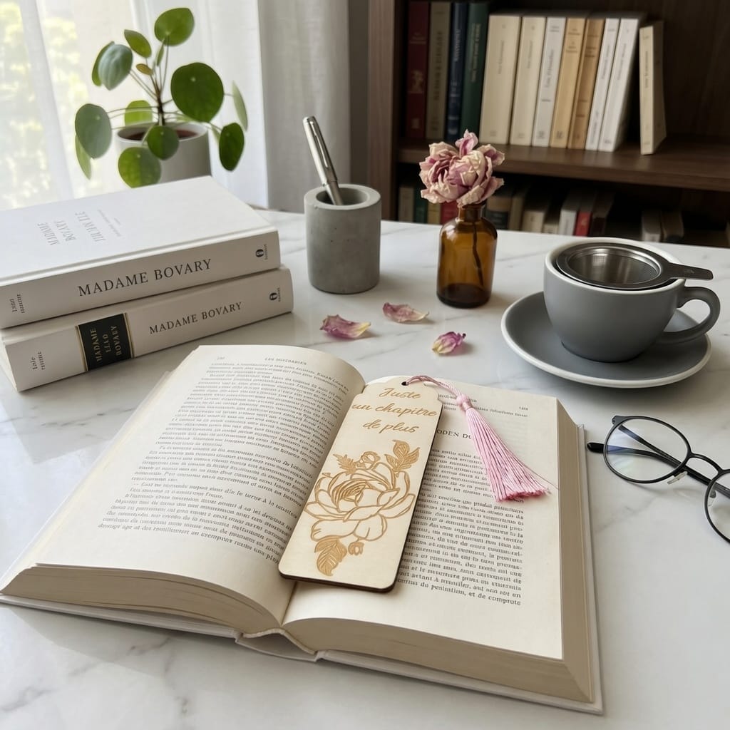 Marque-page en bois gravé "Juste un chapitre de plus" – Accessoire de lecture artisanal