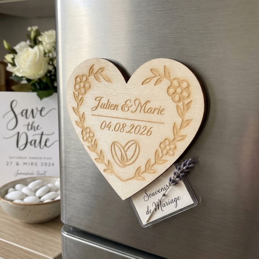 Magnet mariage personnalisé en bois – Cœur gravé avec prénoms et date Mariage Personnalisable Roussillon-Creations-Tautavel-66