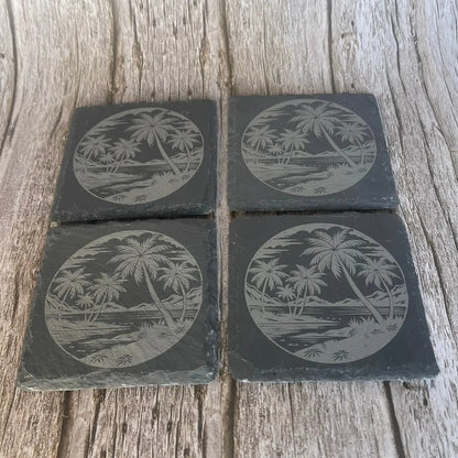 Lot de 4 Sous-Verres en Ardoise Gravée – Motif Paysage Tropical avec Boîte en Bois ROUSSILLON CRÉATIONS